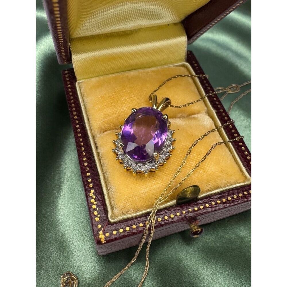 14K Gold Natural Amethyst Halo Diamond Necklace 20" Large 4.5ct Oval Cut Estate